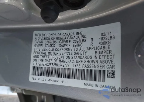 2021 Honda Civic Sport z USA, uszkodzony, nr VIN 2HGFC2F82MH542777